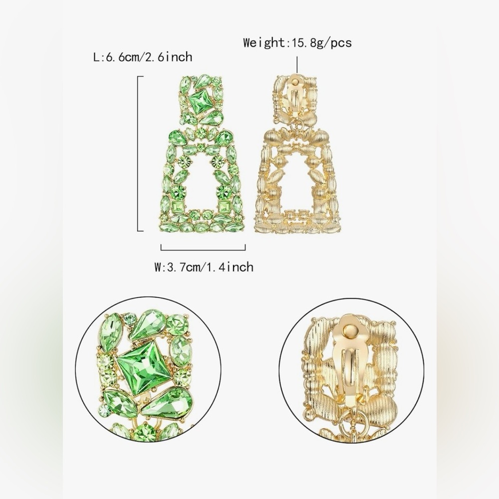 Green Rhinestone Rectangle Dangle Earrings - image 5